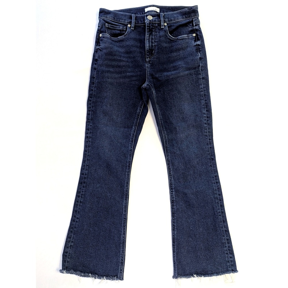 Loft High Waist Flare Crop Jeans Dark Indigo Raw Hem Size 26/2